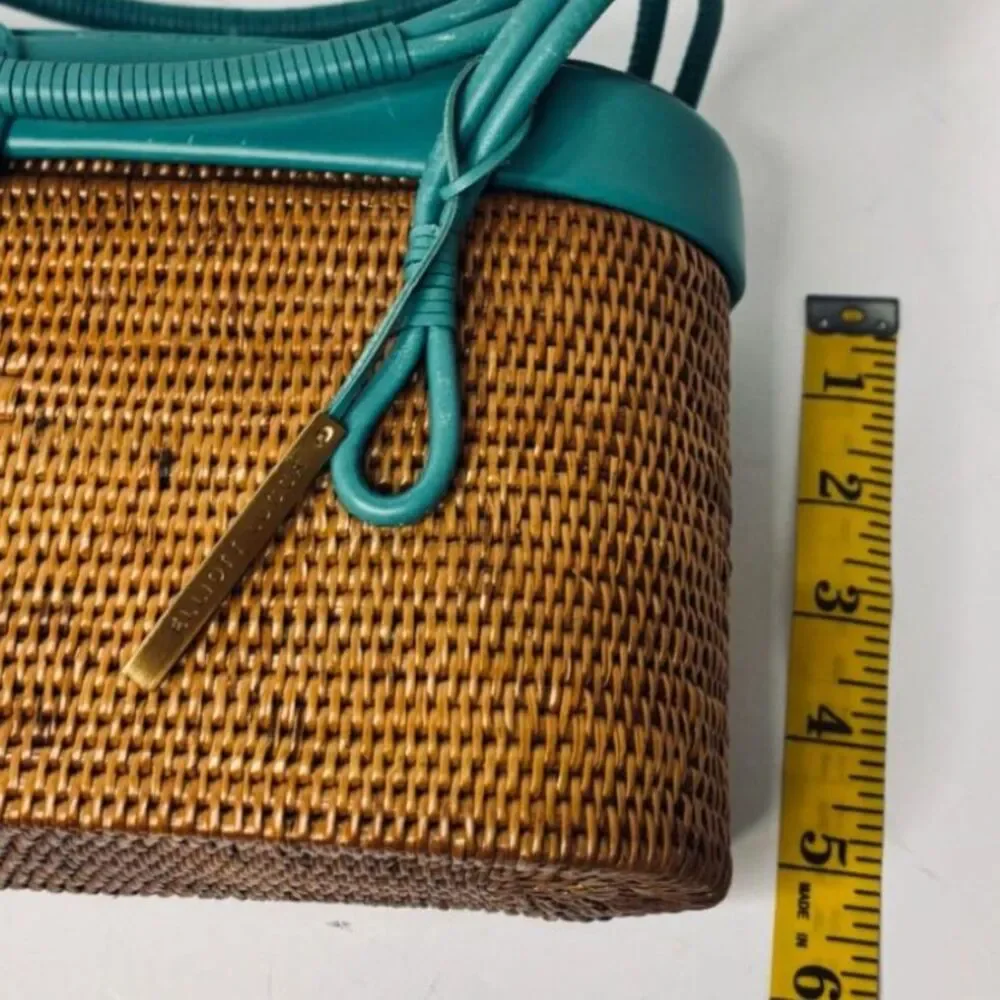 Elliot Lucca Woven Rattan Teal Leather Shoulder Bag Crossbody Handbag